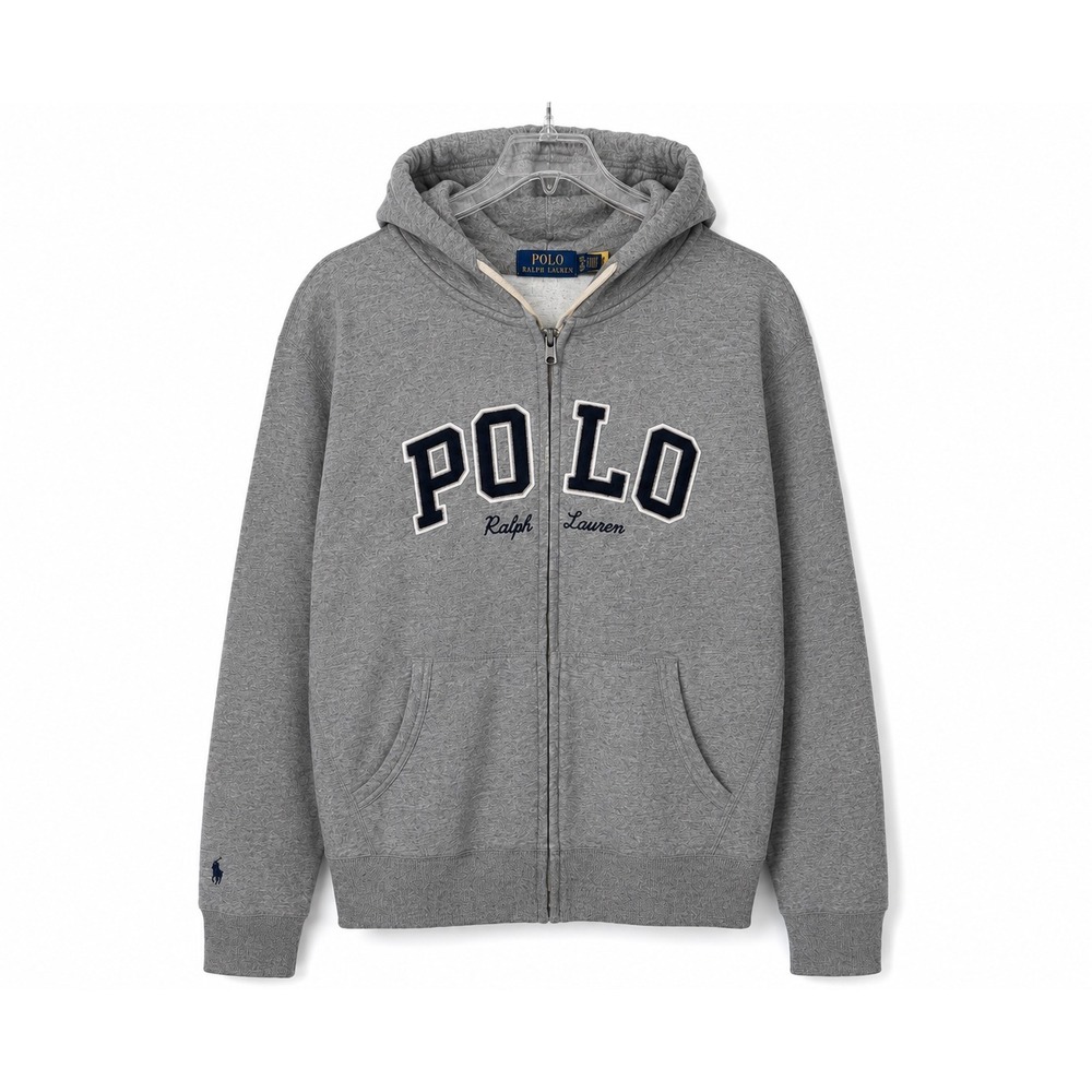 Polo Ralph Lauren Mens Large Gray Full Zip Hoodie Spellout Logo Sweatshirt Adult